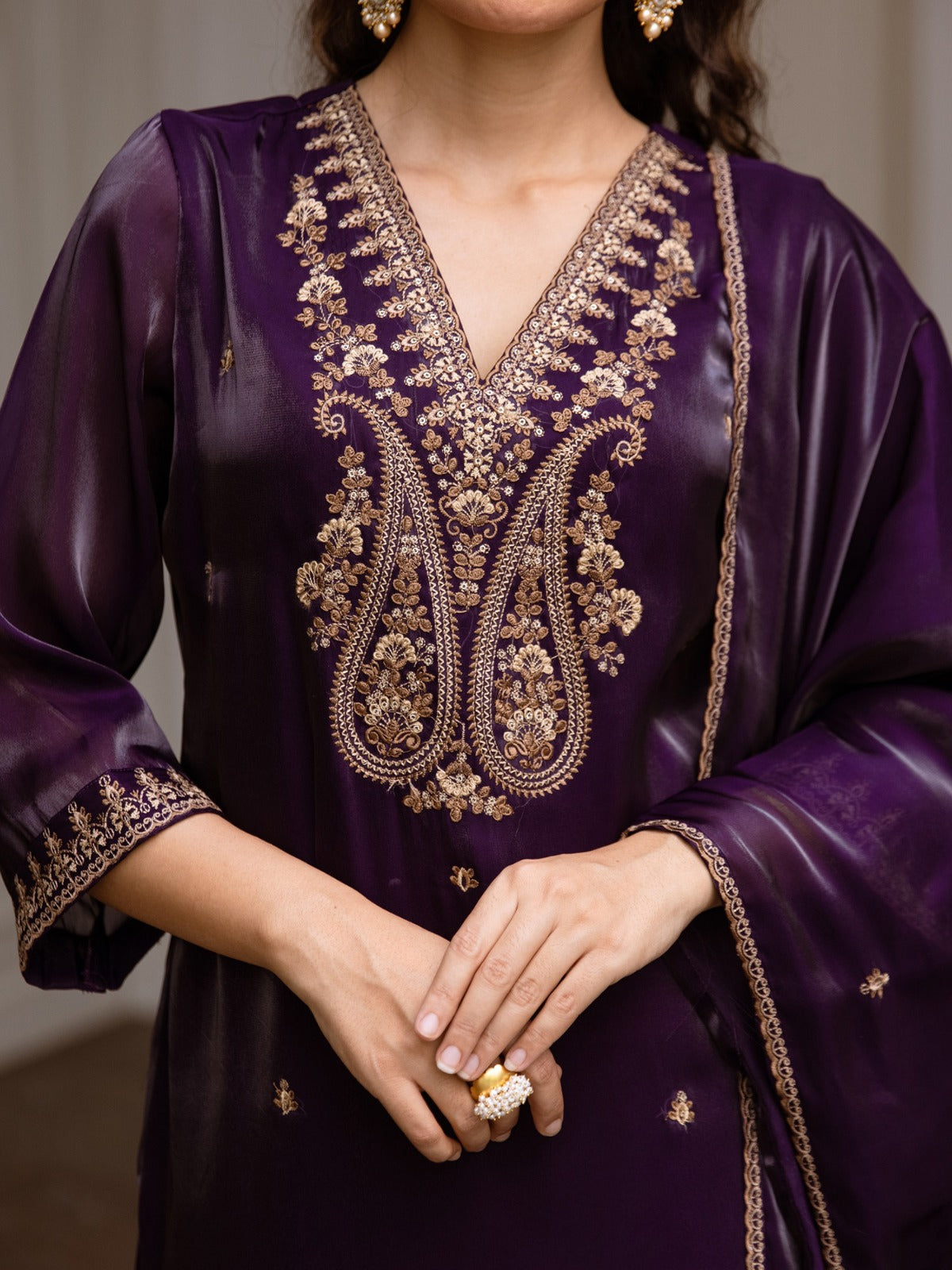Purple Embroidered Straight Kurta Trousers With Dupatta Set
