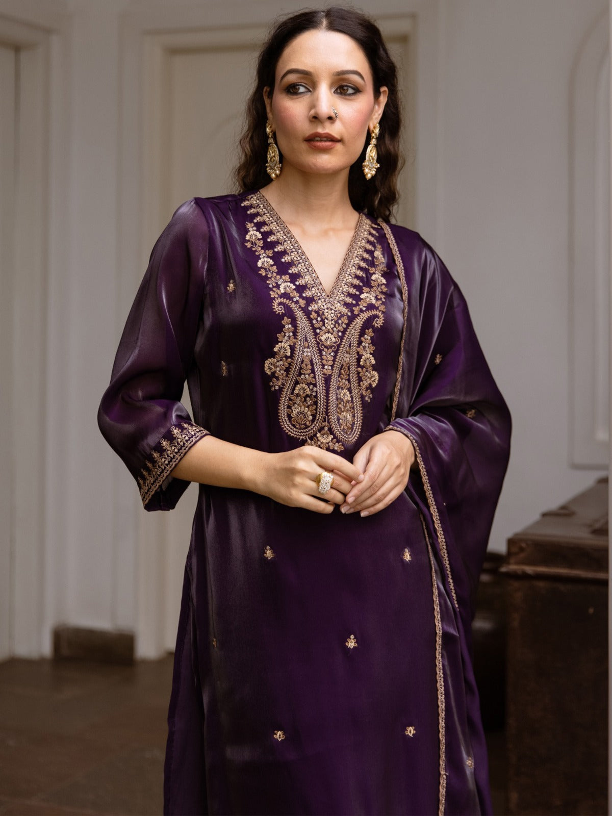 Purple Embroidered Straight Kurta Trousers With Dupatta Set