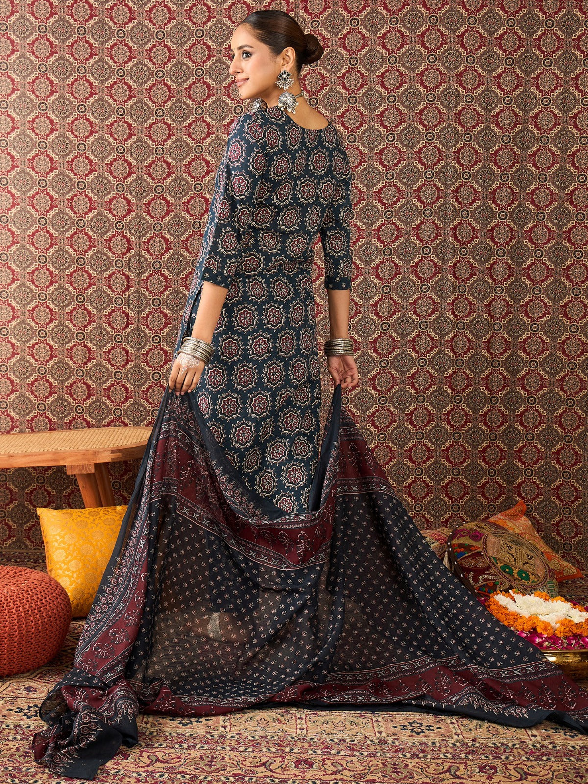 Navy Blue Printed Pure Cotton Straight Kurta Sets With Dupatta