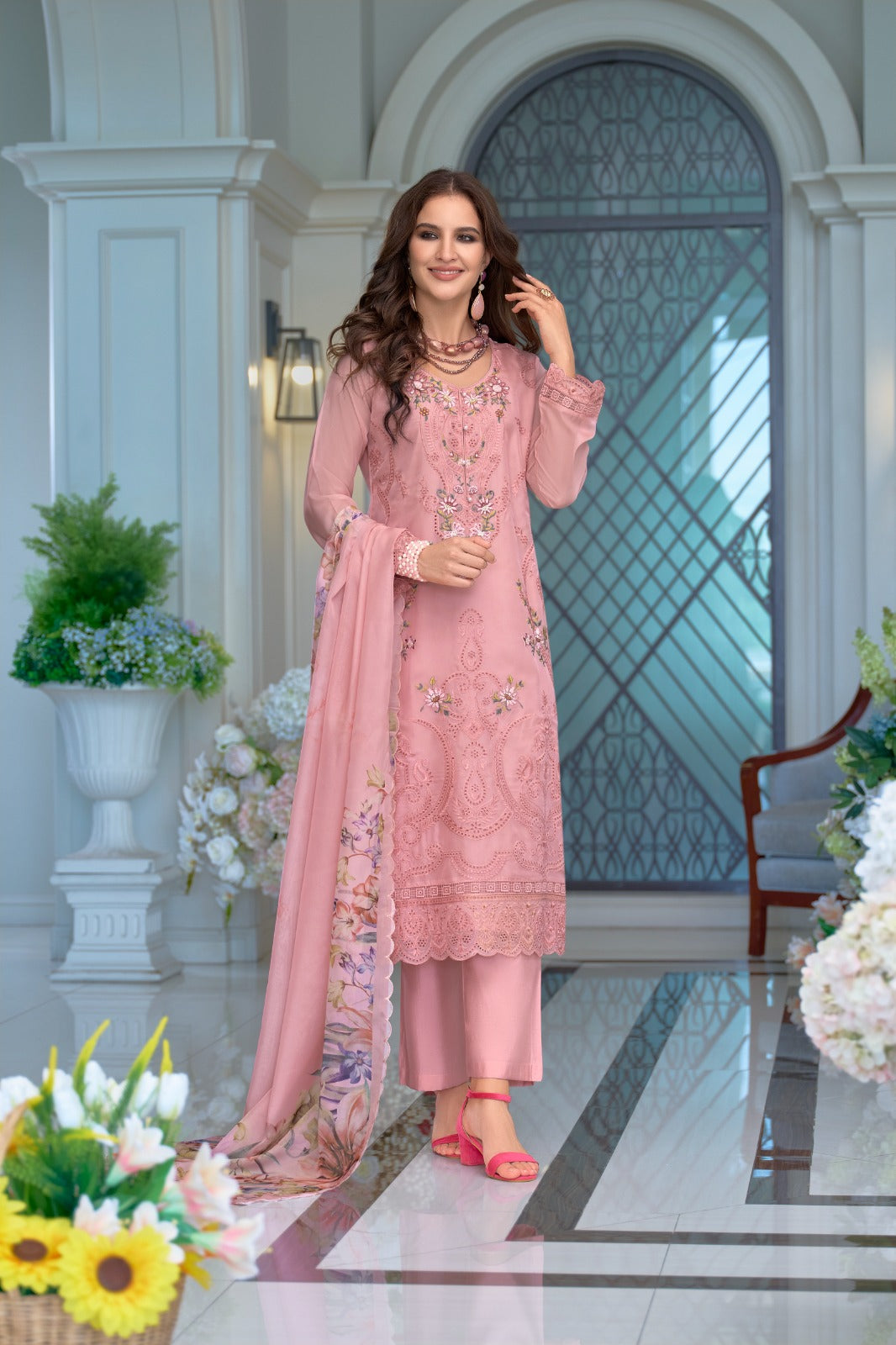 Pink Embroidered Organza Straight Kurta Sets With Dupatta