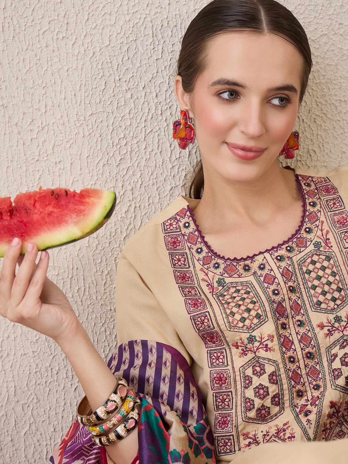 Beige Embroidered Straight Kurta Trousers With Dupatta Set