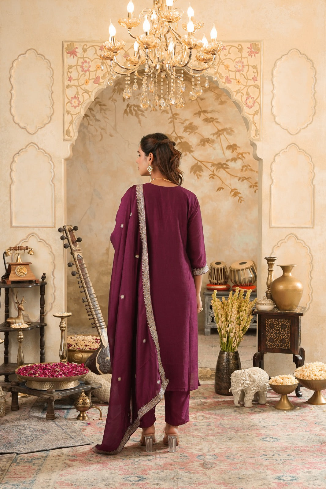 Burgundy Embroidered Silk Blend Straight Kurta Sets With Dupatta