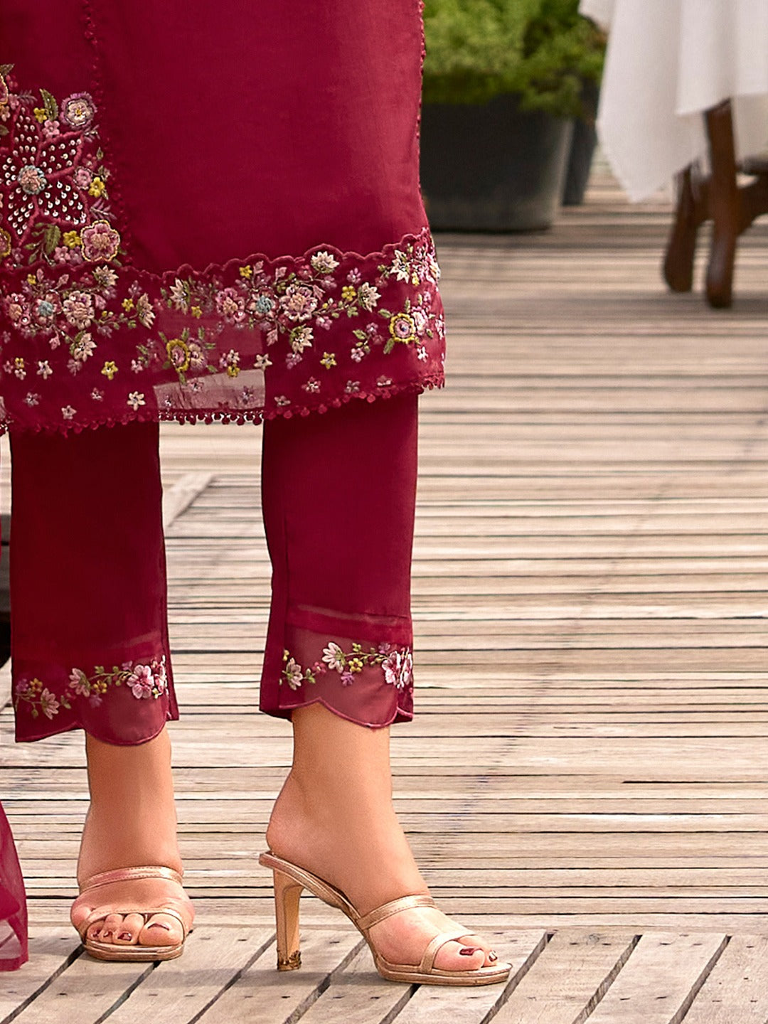 Maroon Embroidered Straight Cotton Blend Suit Set With Dupatta