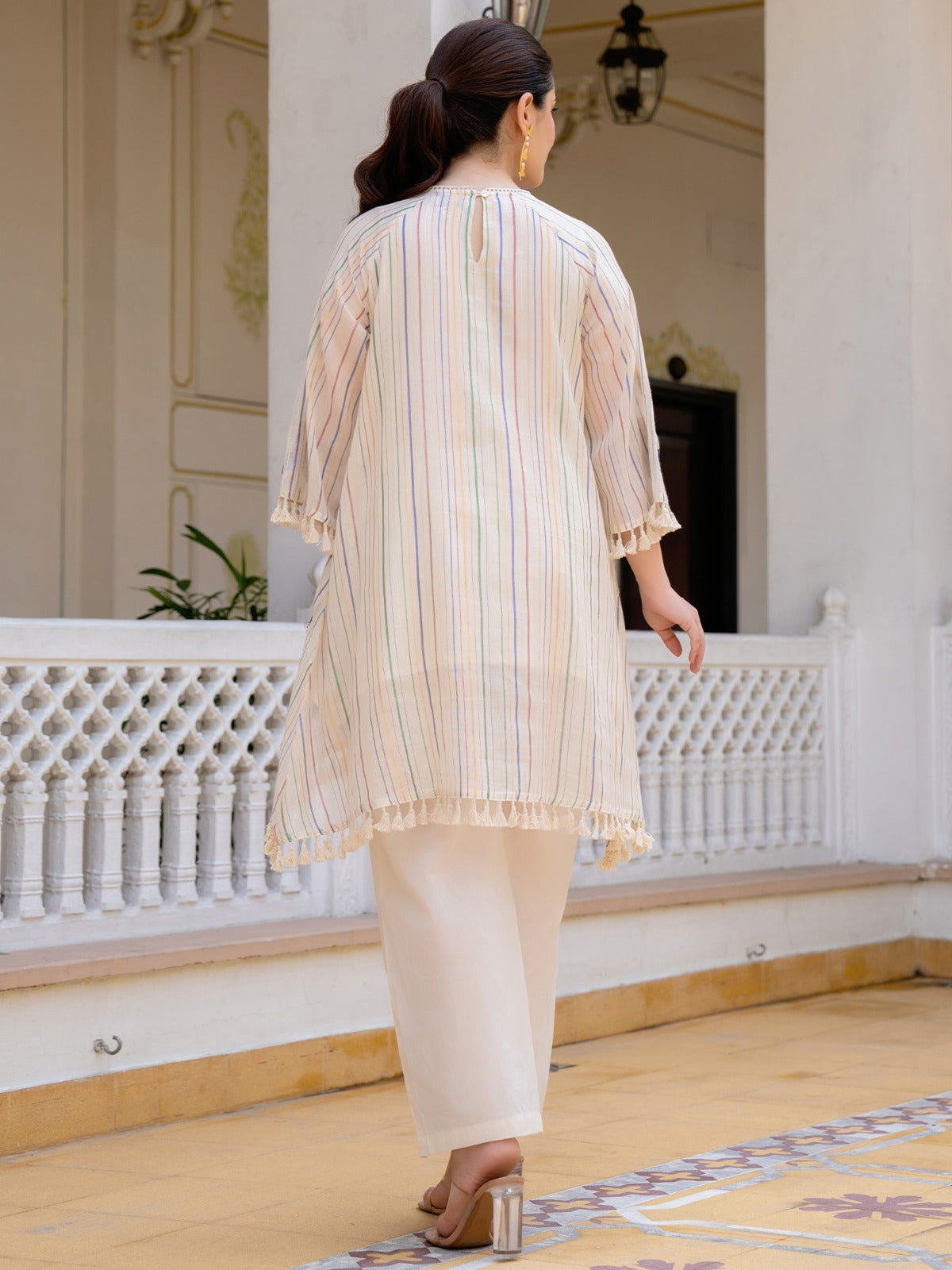 Off White Embroidered A-Line Kurta Palazzos Set
