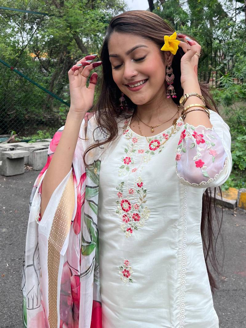 Chanderi Silk Stitched Kurti with Embroidery Work