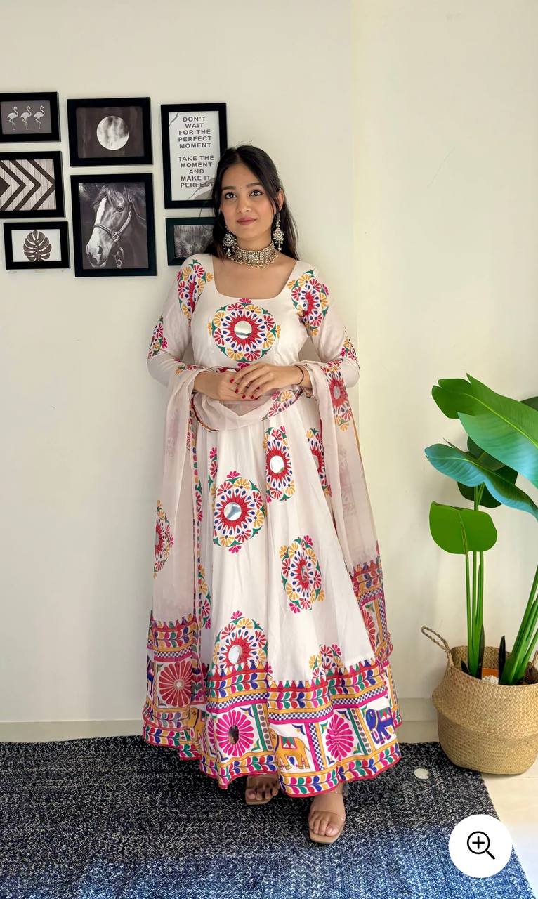 Pure Moss Satin Silk With Digital Print With (Hand Work/Mirror Work) With Sleeves