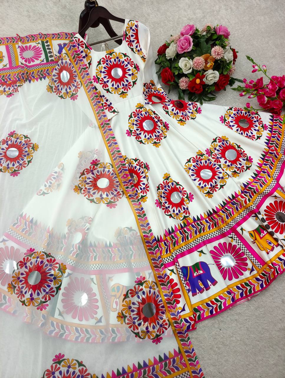 Pure Moss Satin Silk With Digital Print With (Hand Work/Mirror Work) With Sleeves