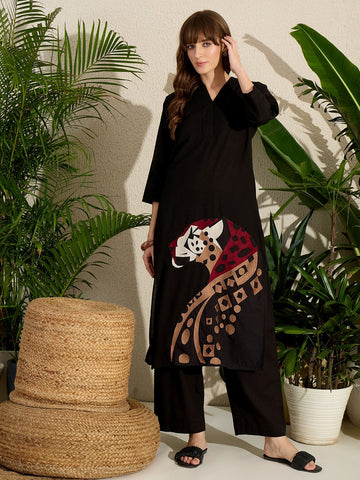 Black Embroidered Pure Cotton Straight Kurta Palazzo Set
