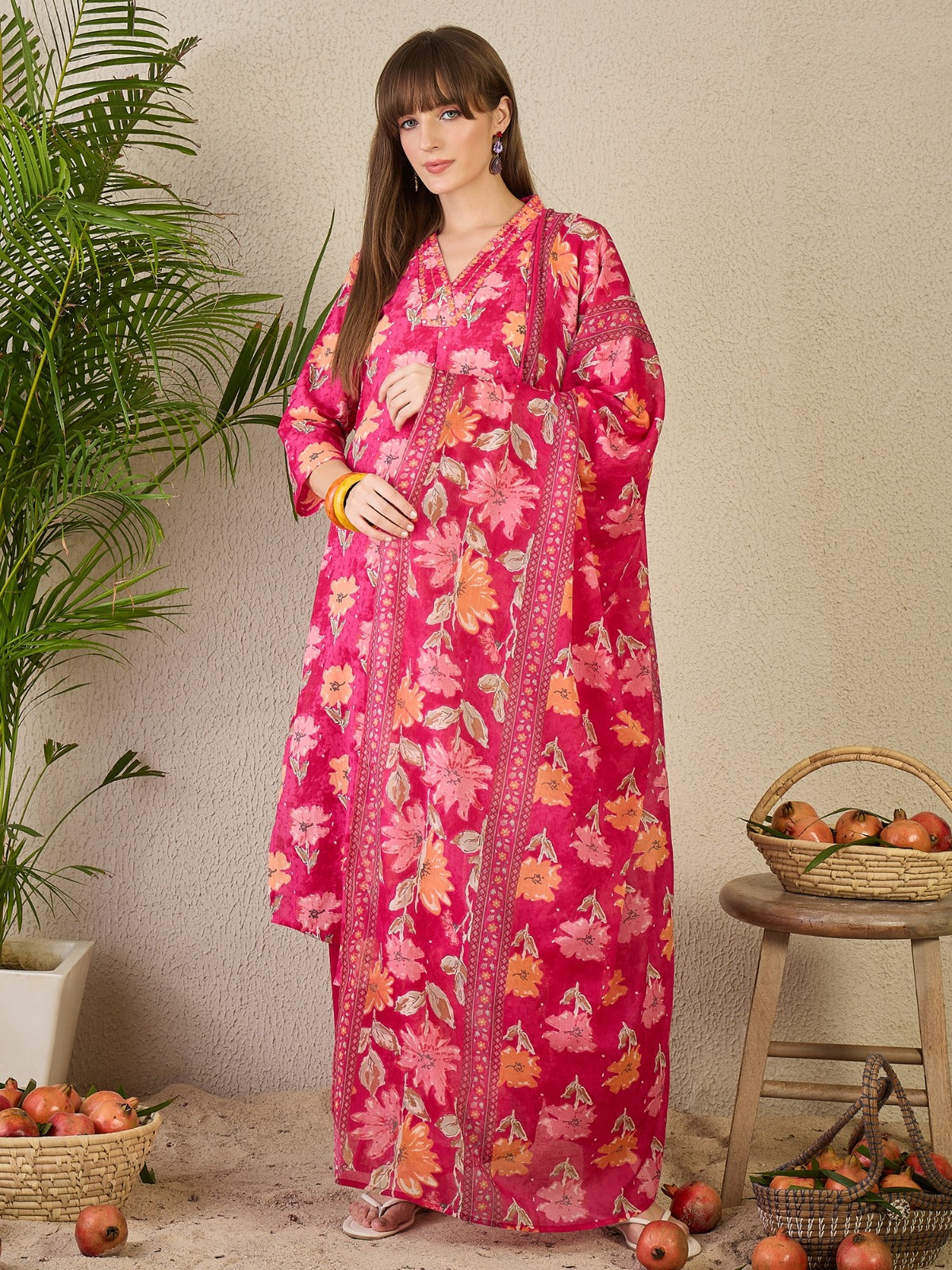 Pink Printed Pure Cotton A-Line Kurta Sets With Dupatta