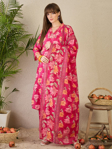 Pink Printed Pure Cotton A-Line Kurta Sets With Dupatta