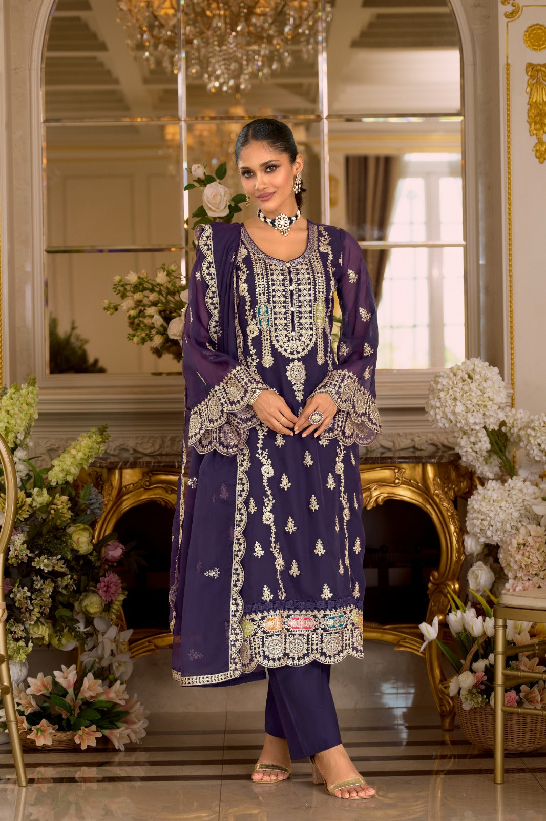Purple Embroidered Organza Straight Kurta Sets With Dupatta
