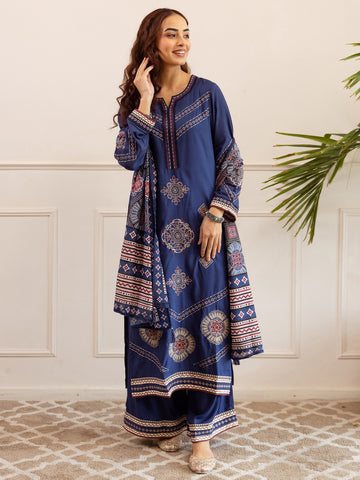 Blue Embroidered Viscose Rayon Straight Kurta Palazzos With Dupatta
