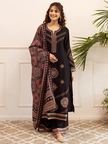 Black Embroidered Viscose Rayon Straight Kurta Palazzos With Dupatta