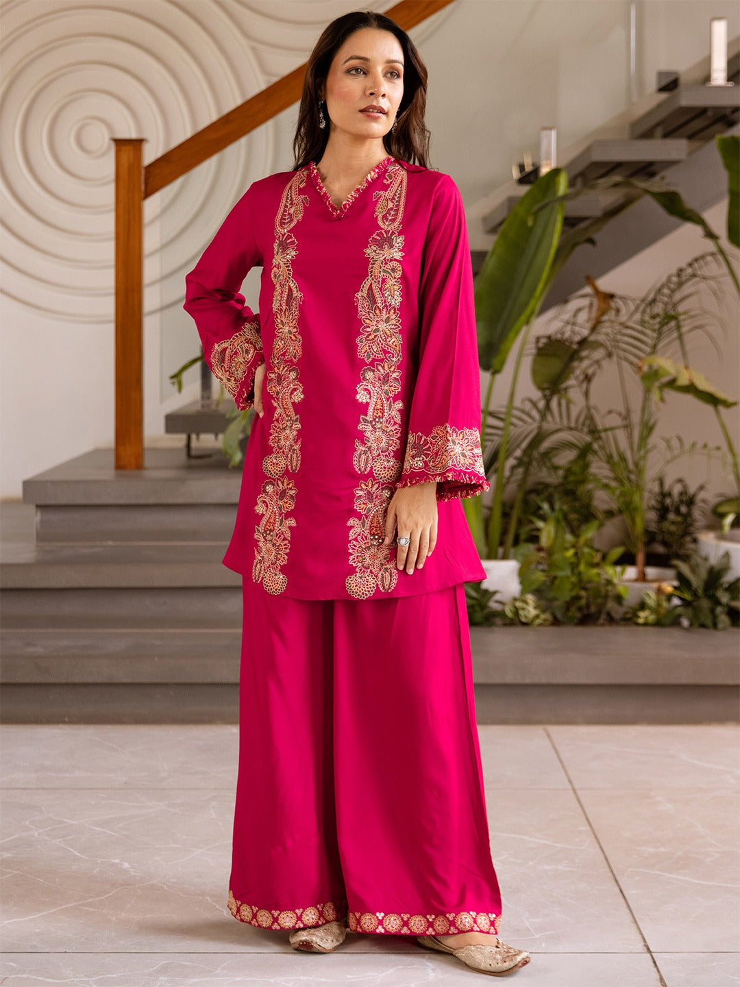 Pink Embroidered Viscose Rayon Straight Kurta Palazzo Set