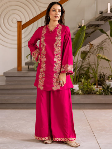 Pink Embroidered Viscose Rayon Straight Kurta Palazzo Set