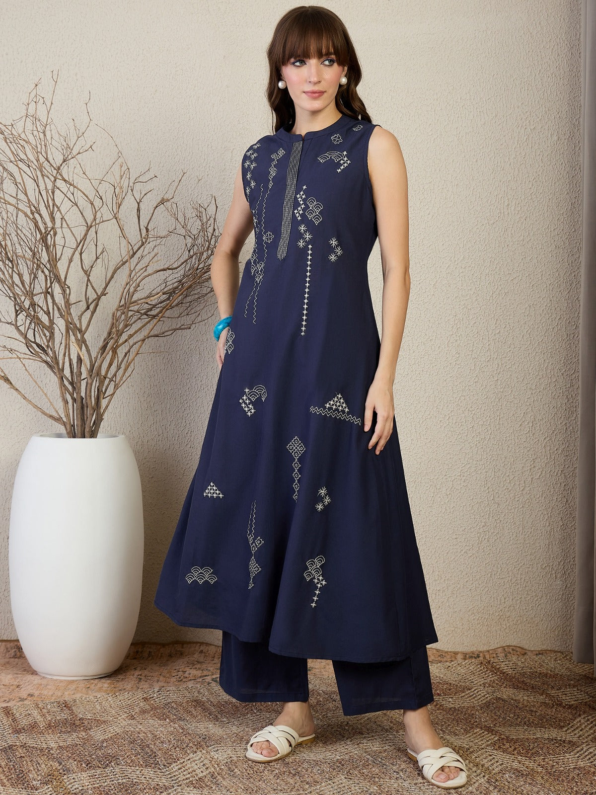 Blue Embroidered Pure Cotton A-Line Kurta Palazzo Set