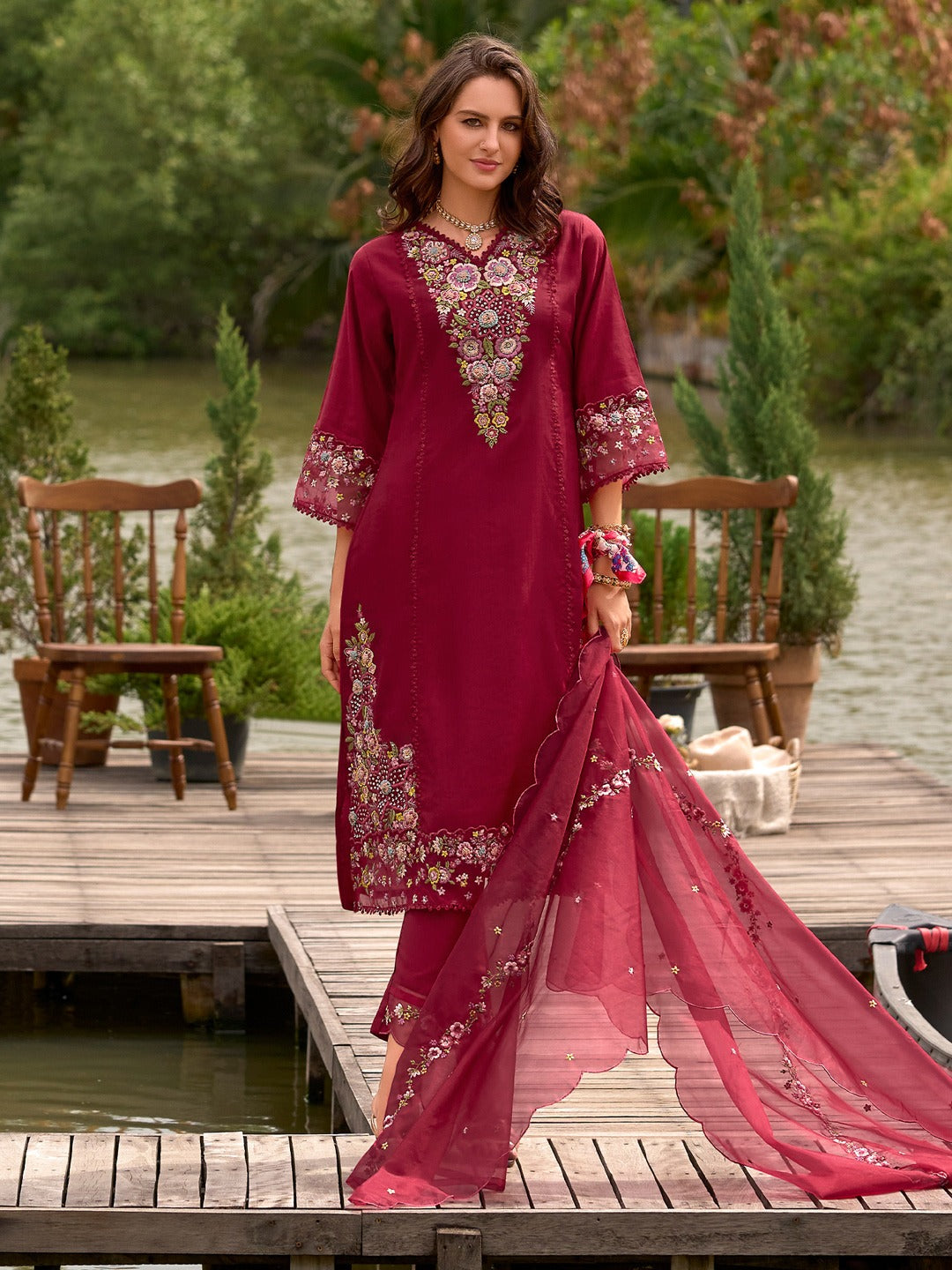 Maroon Embroidered Straight Cotton Blend Suit Set With Dupatta