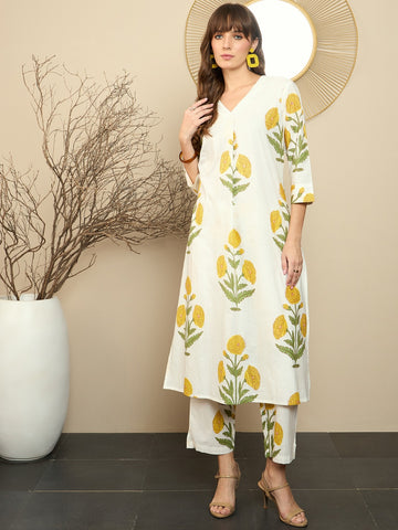 White Printed Straight Pure Cotton Kurta Pant Set