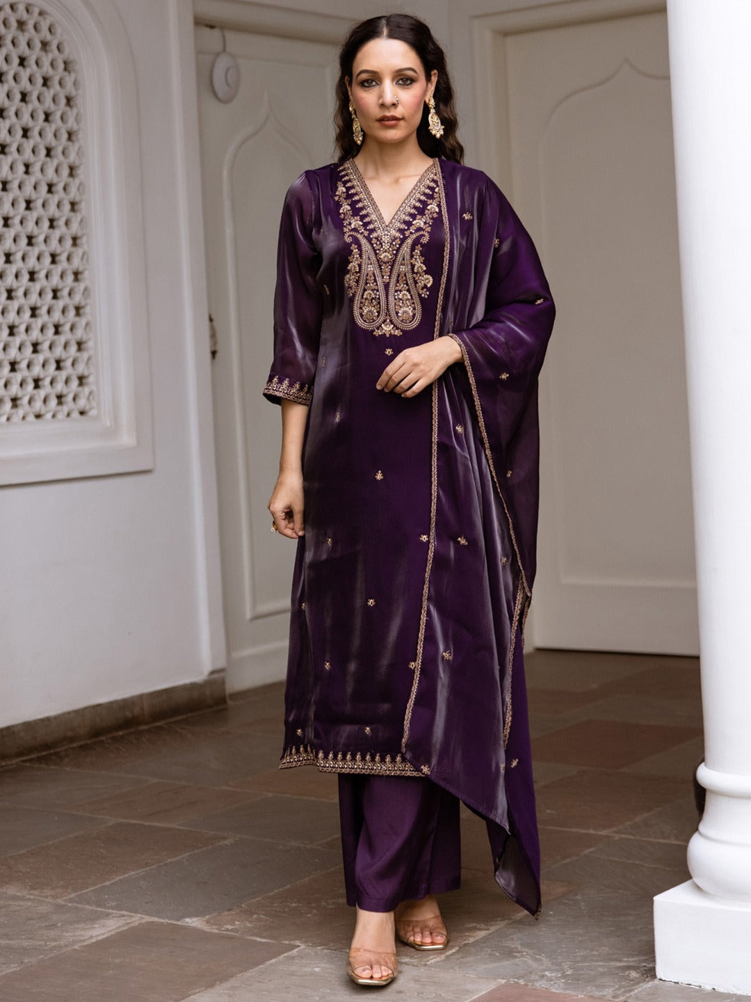 Purple Embroidered Straight Kurta Trousers With Dupatta Set