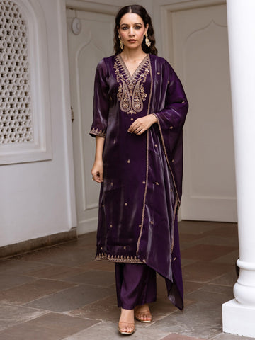 Purple Embroidered Straight Kurta Trousers With Dupatta Set