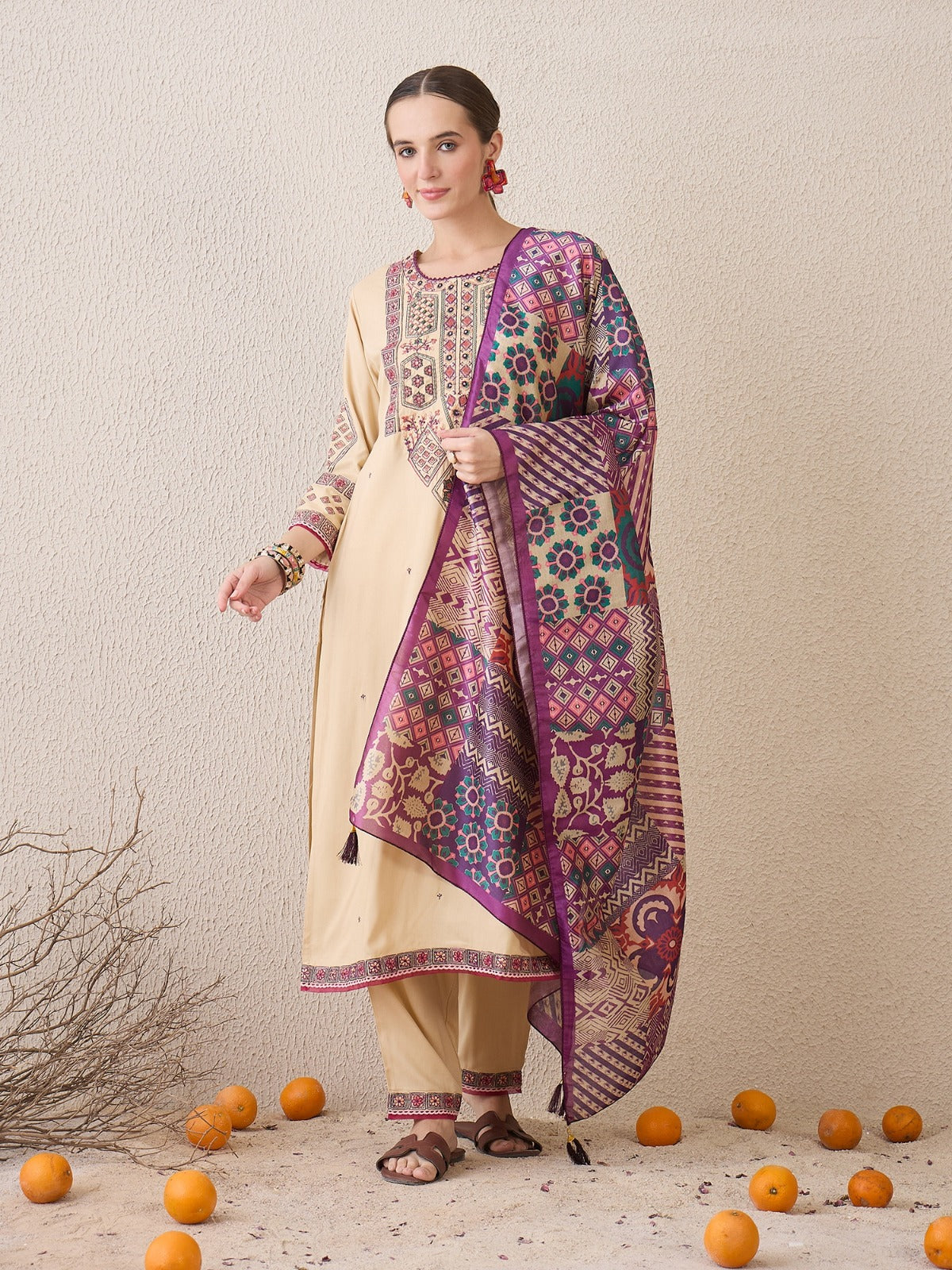 Beige Embroidered Straight Kurta Trousers With Dupatta Set
