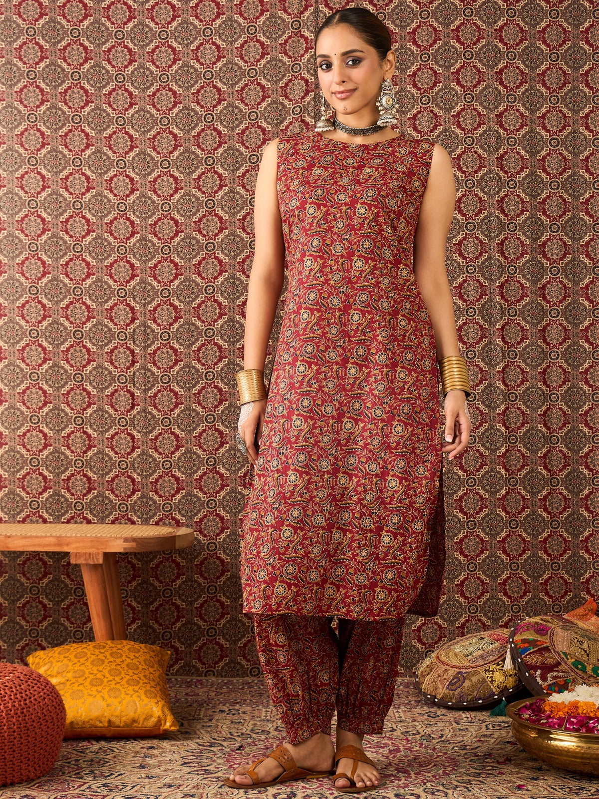 Maroon Printed Pure Cotton Straight Kurta Salwar Set