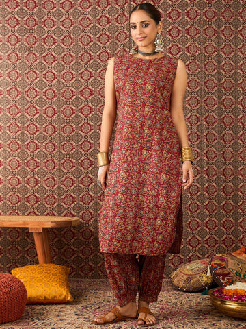 Maroon Printed Pure Cotton Straight Kurta Salwar Set
