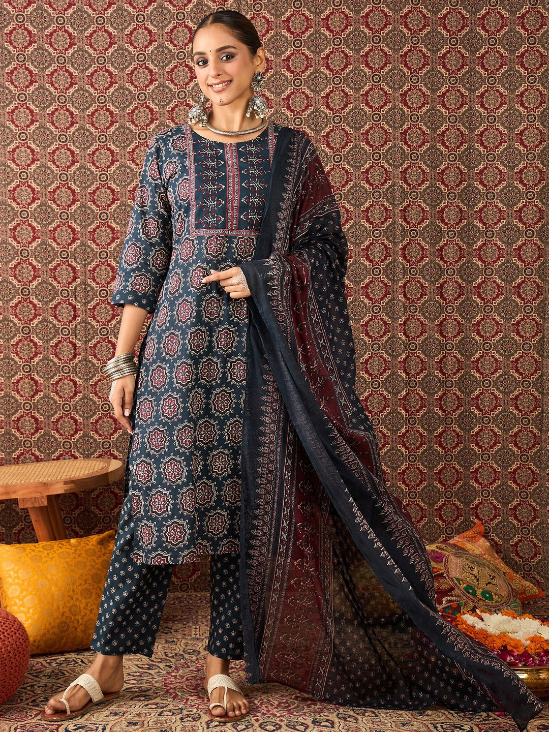 Navy Blue Printed Pure Cotton Straight Kurta Sets With Dupatta