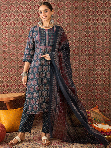 Navy Blue Printed Pure Cotton Straight Kurta Sets With Dupatta