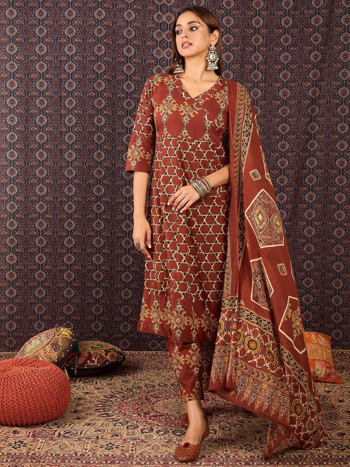 Maroon Printed Pure Cotton A-Line Kurta Sets With Dupatta