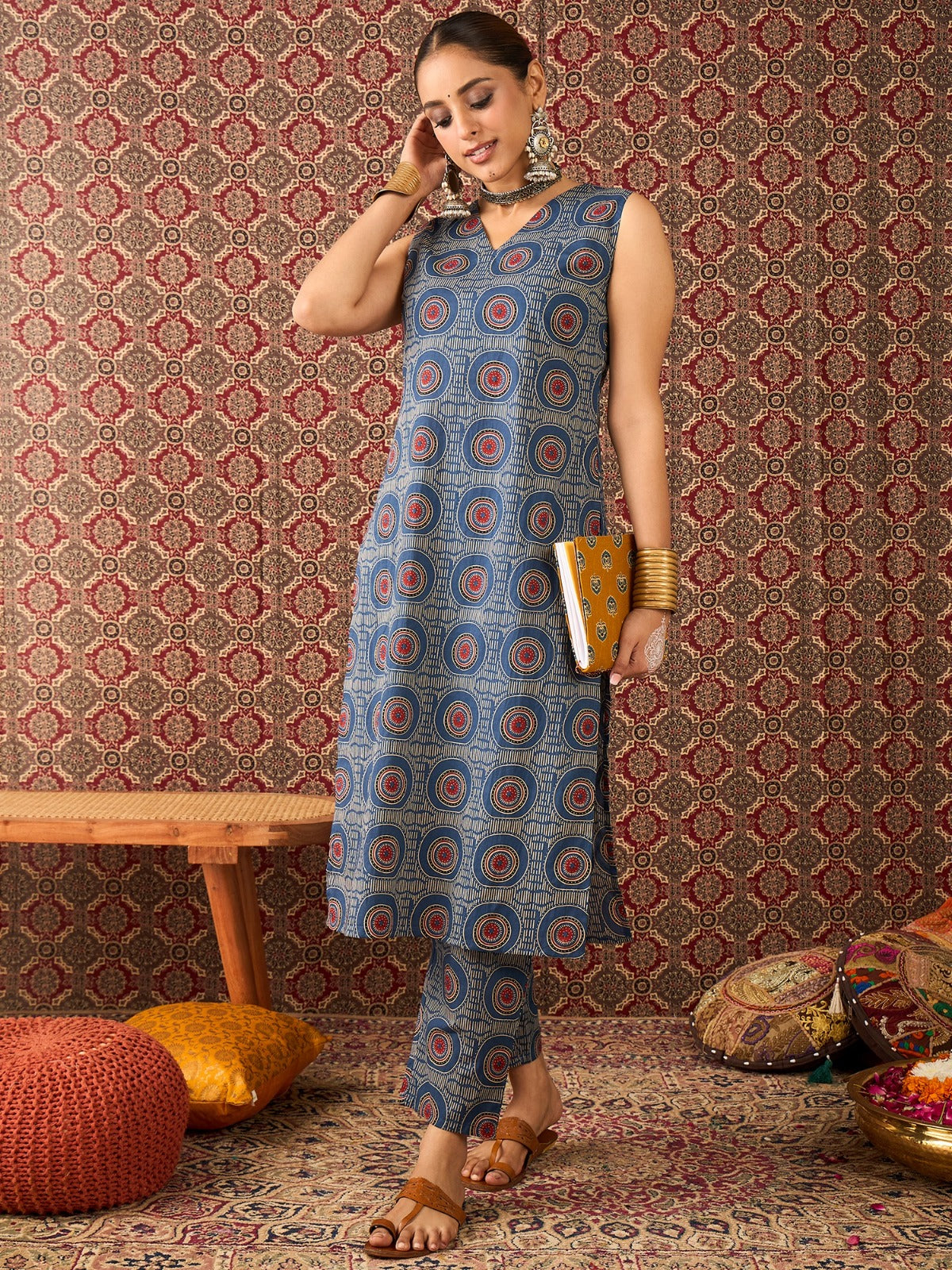 Blue Printed Pure Cotton Straight Kurta Trouser Set
