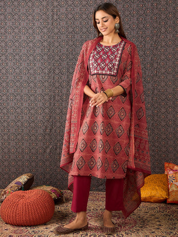 Rust Printed Pure Cotton Straight Kurta Sets With Dupatta