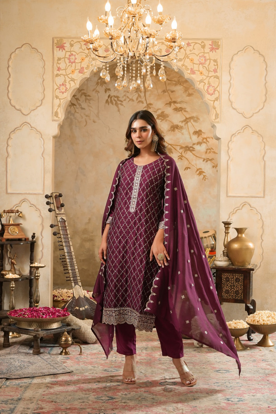 Burgundy Embroidered Silk Blend Straight Kurta Sets With Dupatta