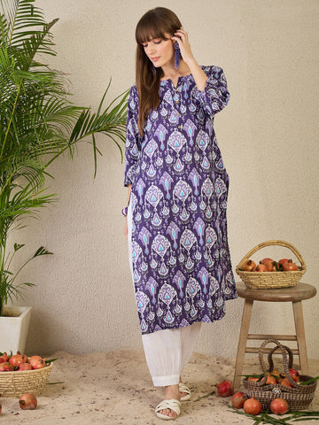 Purple Printed Cotton Straight Geometric Kurtas