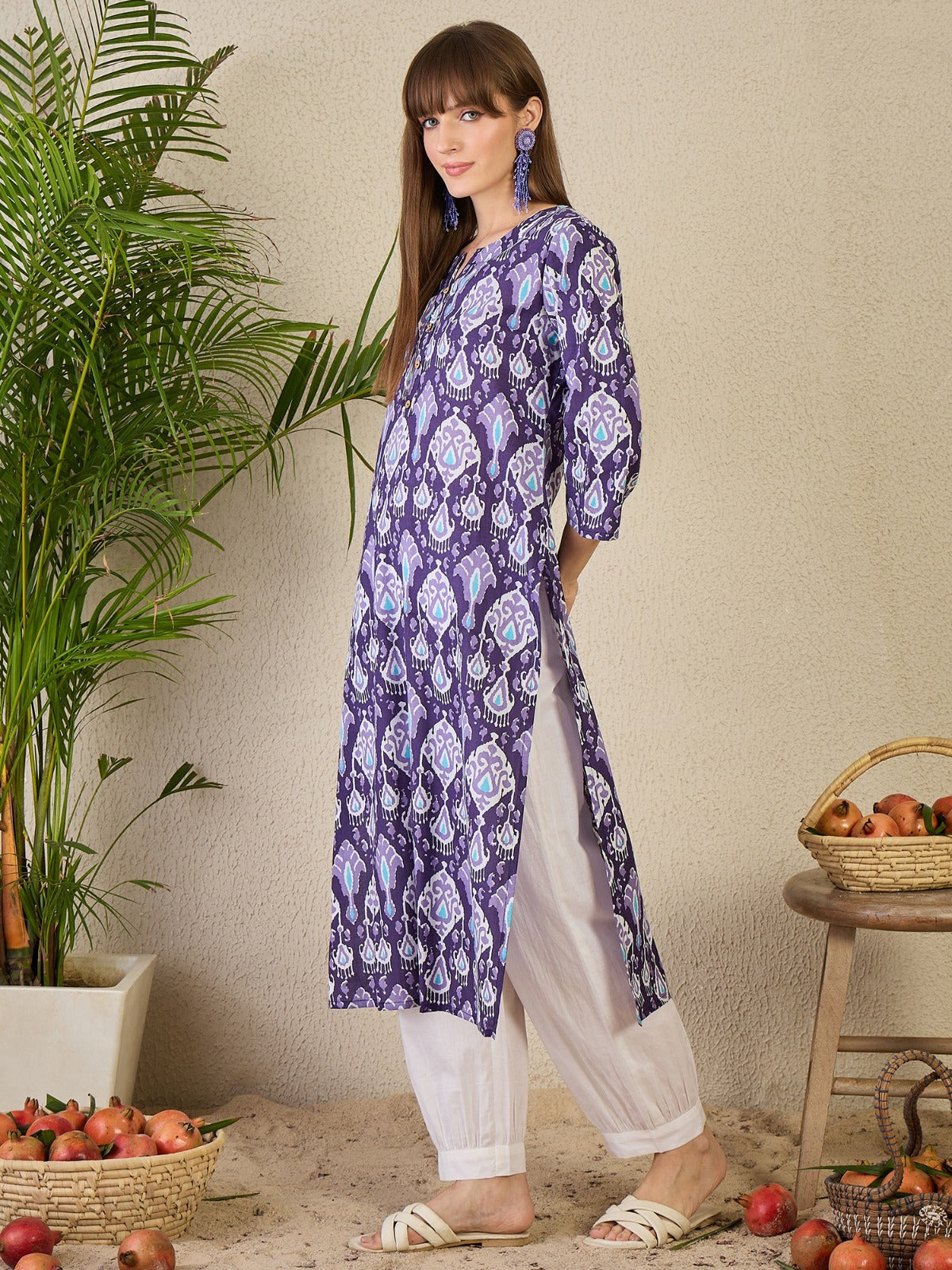 Purple Printed Cotton Straight Geometric Kurtas