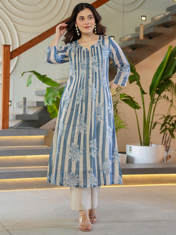 Blue Printed A-Line Kurta Trousers Set