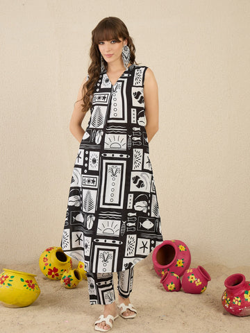 Black Printed A Line Kurta Trouser Set
