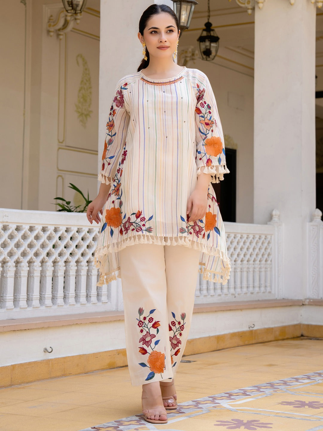 Off White Embroidered A-Line Kurta Palazzos Set