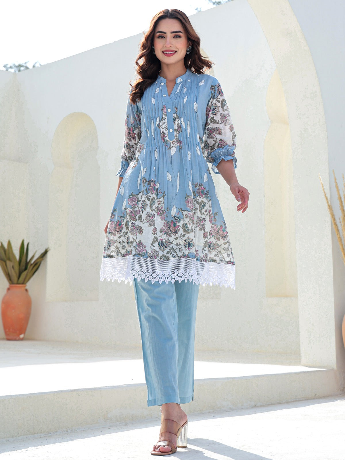 Blue Printed A-Line Pure Cotton kurta pant set