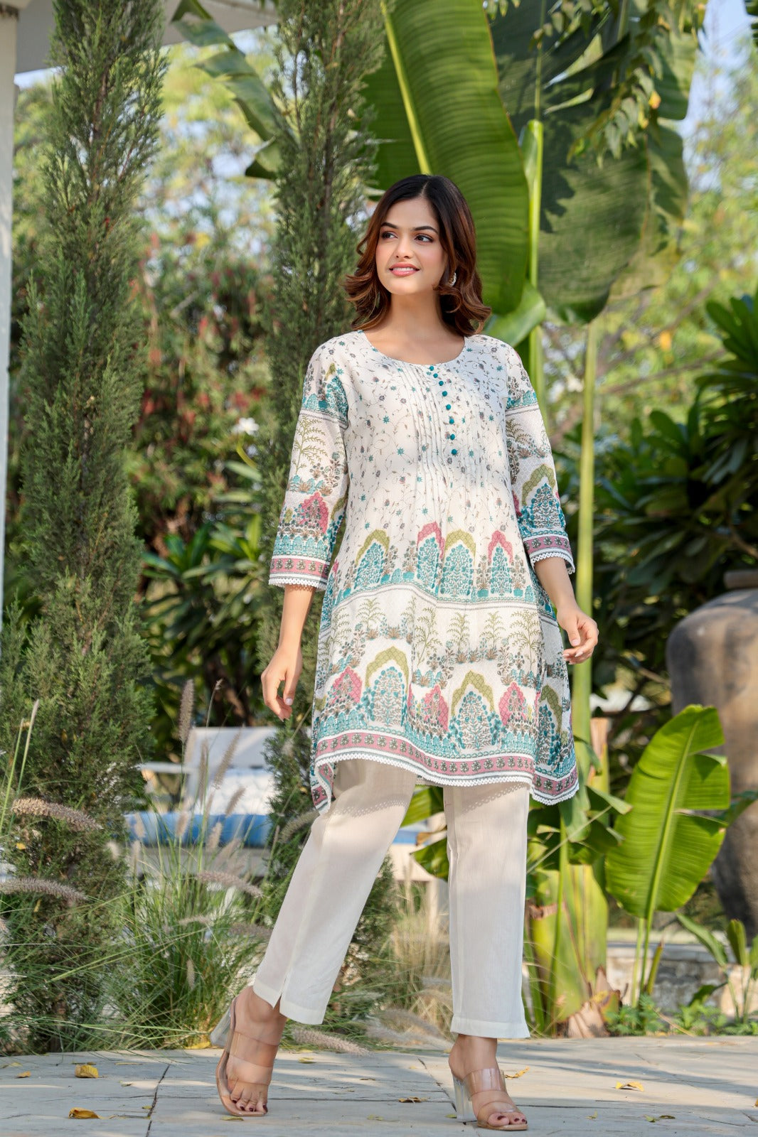 White Printed A-Line Pure Cotton kurta pant set