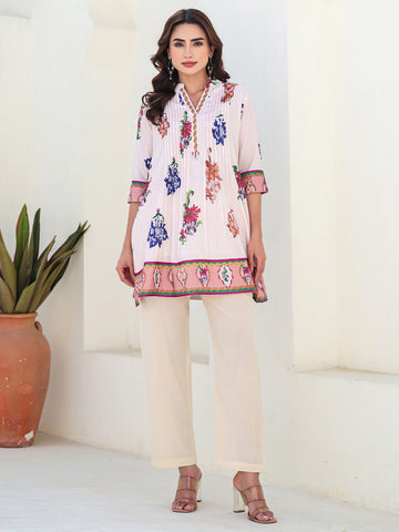 Off White Printed A-Line Kurta Trouser Set