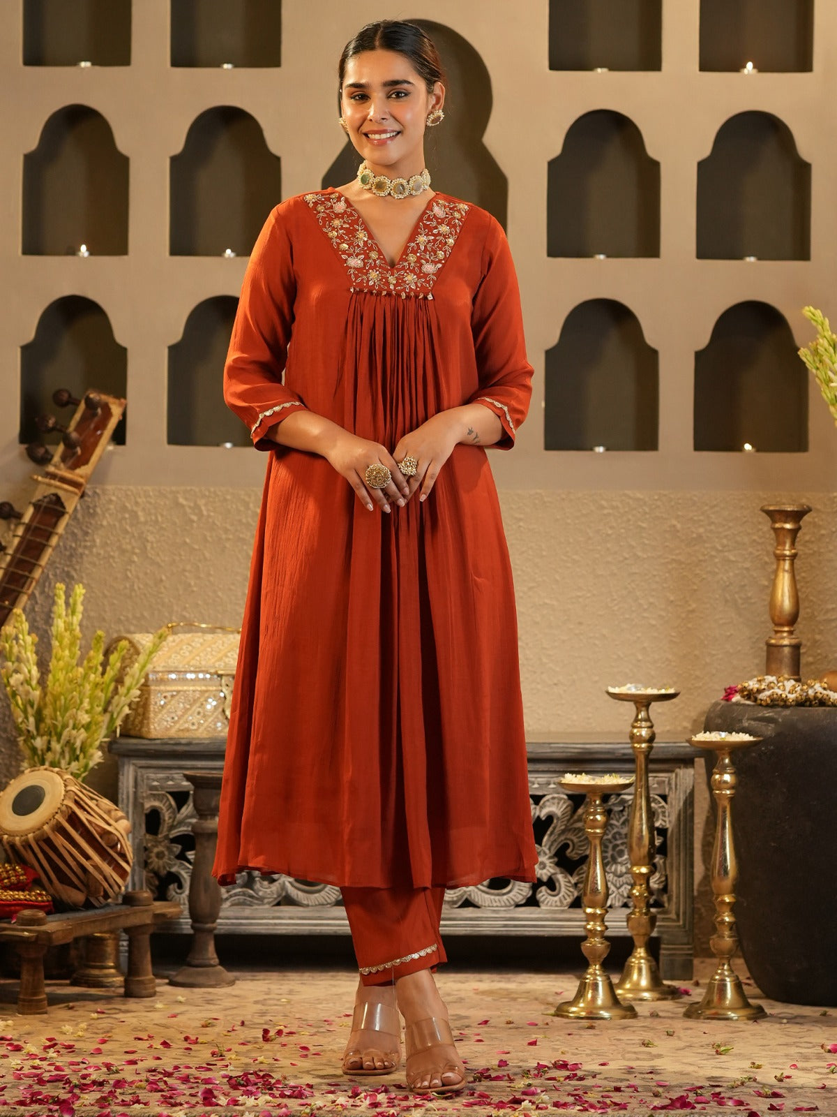 Rust Embroidered Chanderi Silk A-Line Kurta Trouser Set