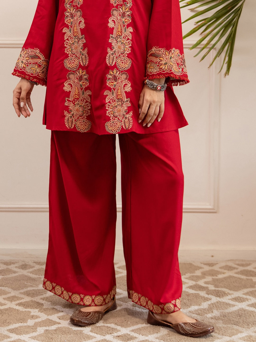 Red Embroidered Viscose Rayon A-Line Kurta Palazzo Set