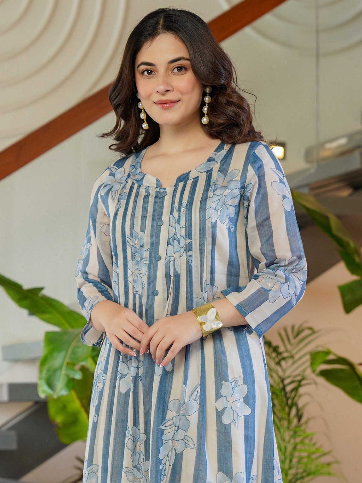 Blue Printed A-Line Kurta Trousers Set