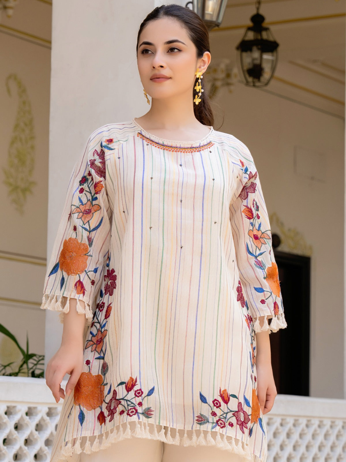 Off White Embroidered A-Line Kurta Palazzos Set