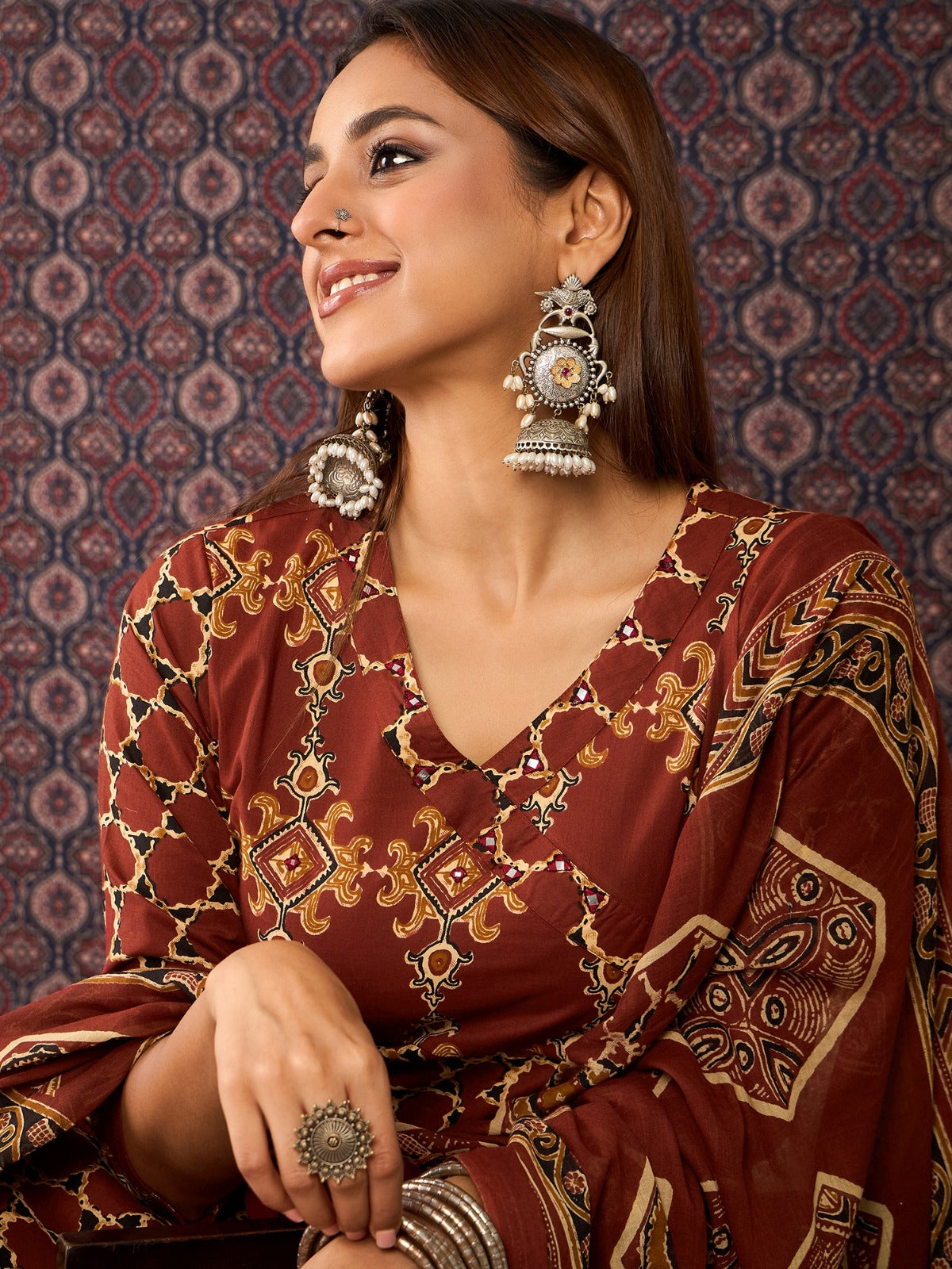 Maroon Printed Pure Cotton A-Line Kurta Sets With Dupatta