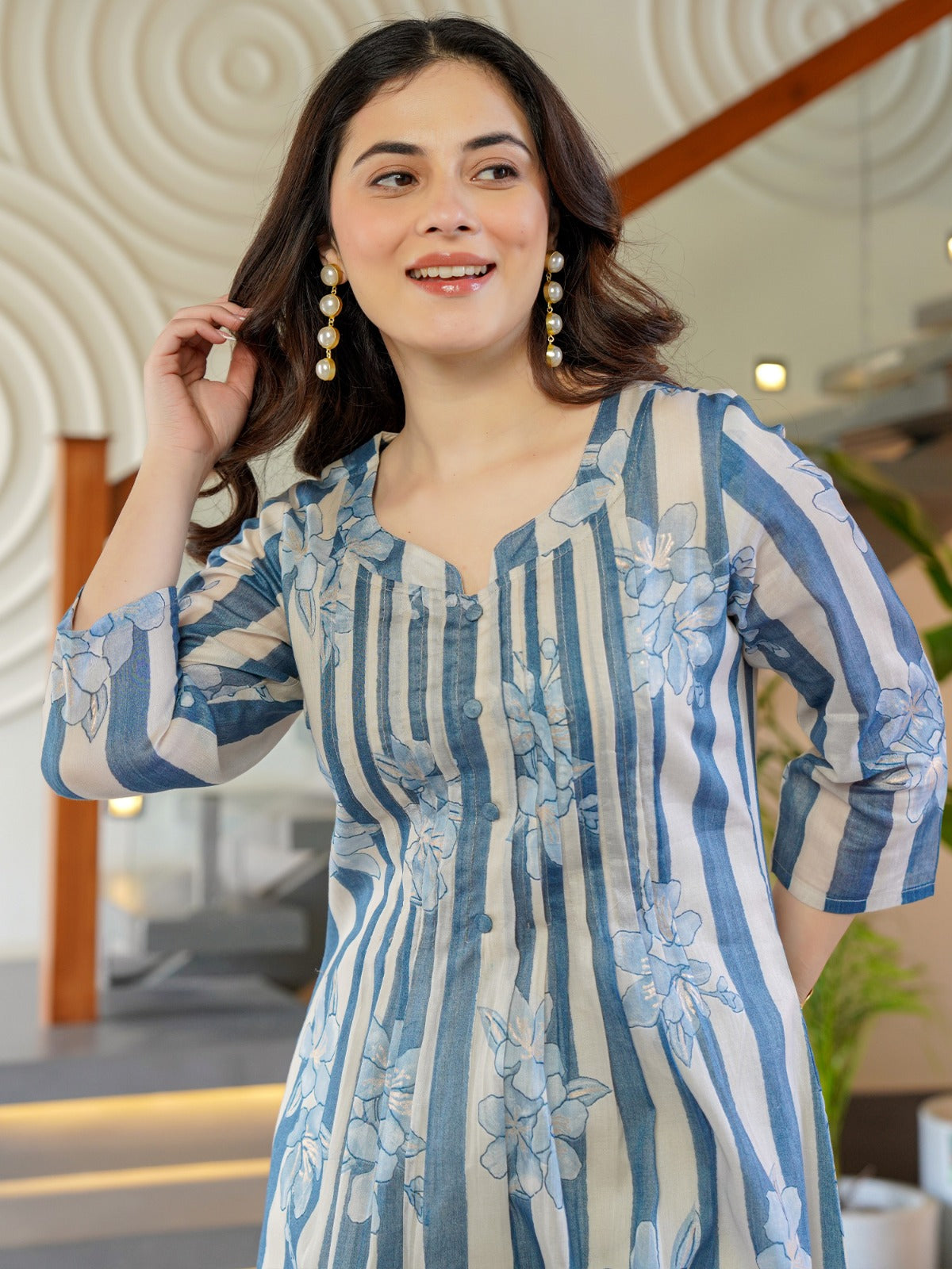 Blue Printed A-Line Kurta Trousers Set