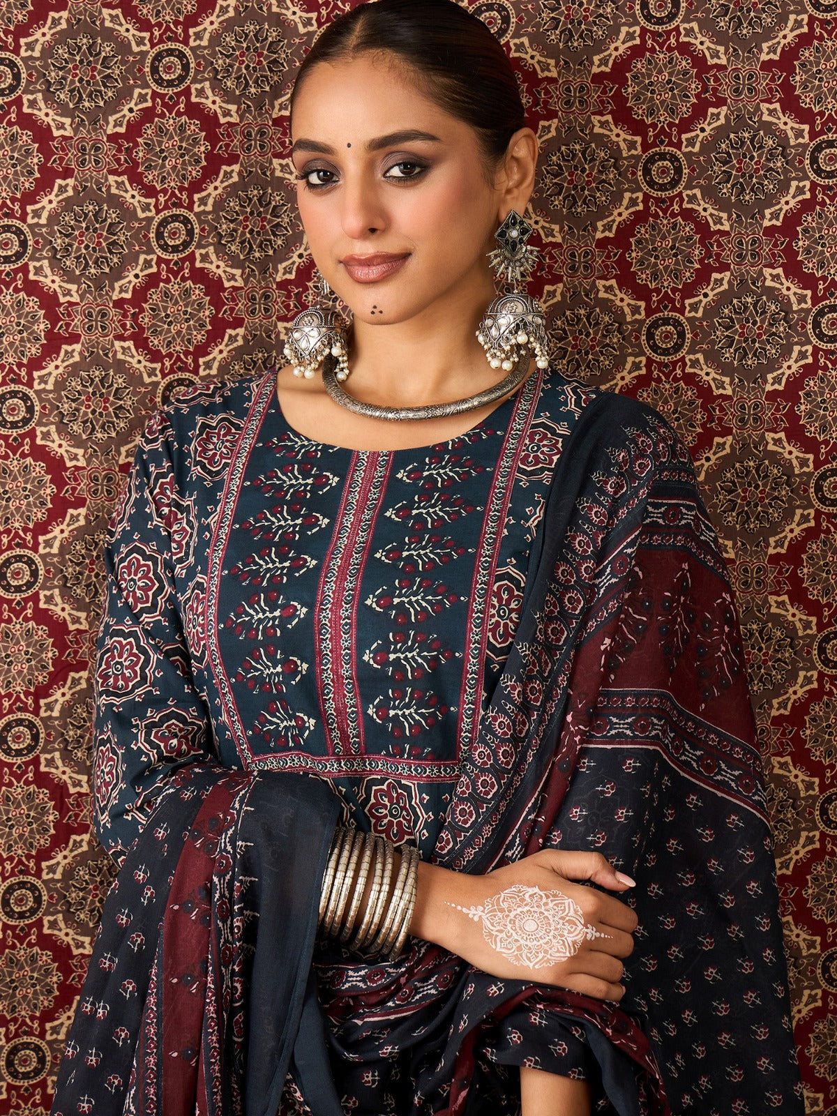 Navy Blue Printed Pure Cotton Straight Kurta Sets With Dupatta