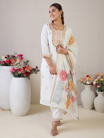 White Embroidered Straight Kurta Set With Dupatta