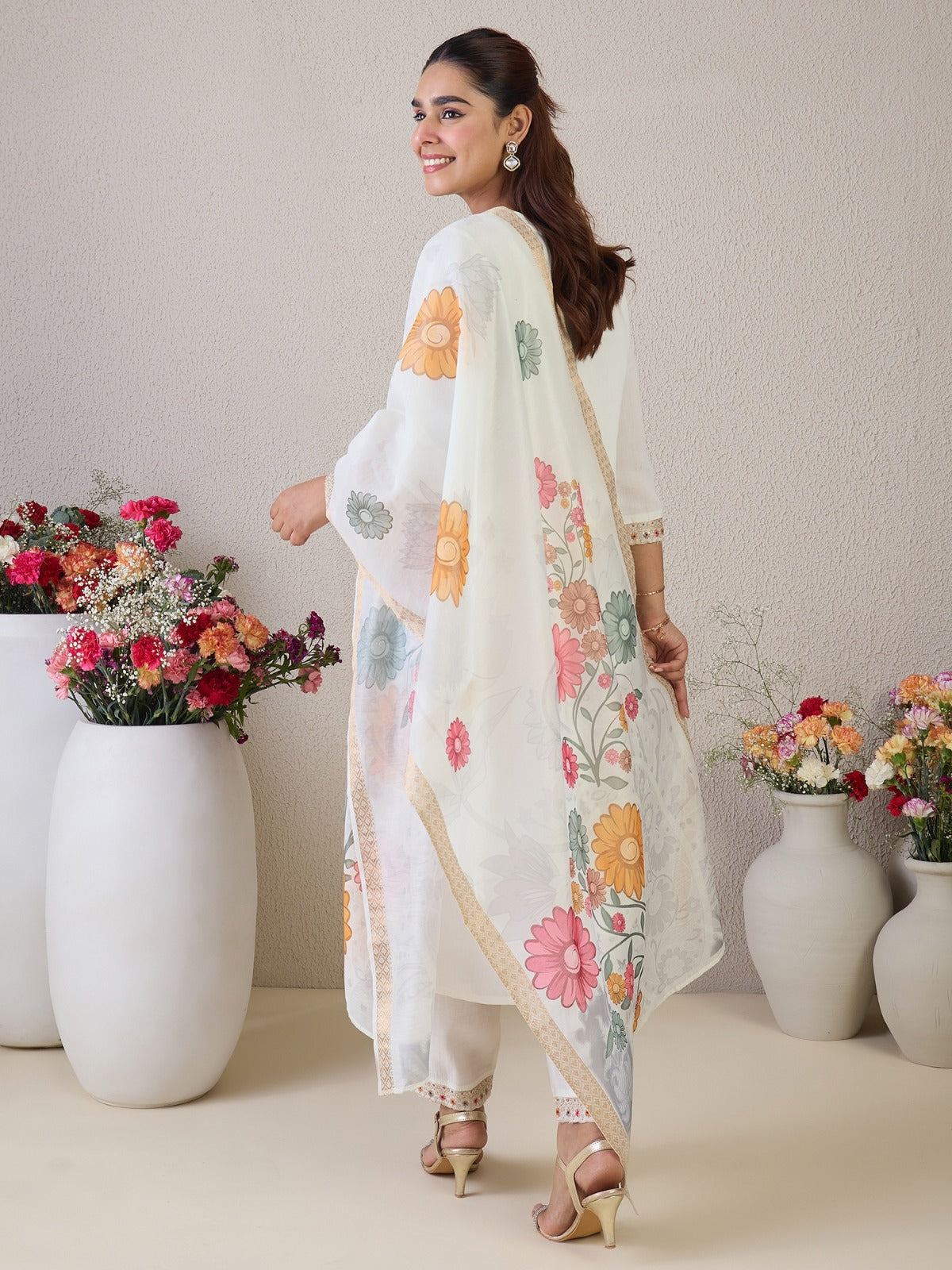 White Embroidered Straight Kurta Set With Dupatta